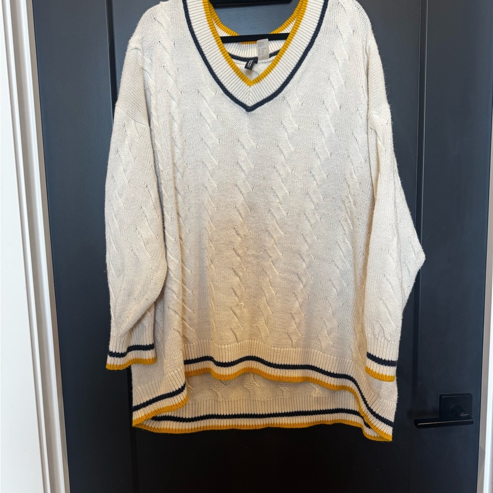 V-Neck Cable Knit Sweater with Striped Trim